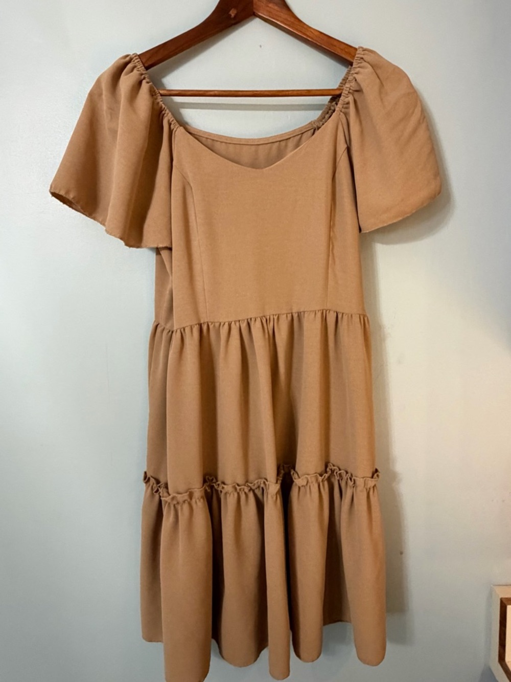 SHEIN Tan Tiered Puff-Sleeve Midi Dress